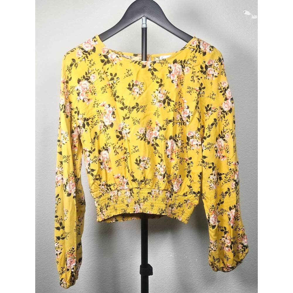 Love Fire Floral Crop Top Womens Large Yellow Smocked Boho Peasant Blouse